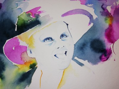 Abstrahiertes Aquarellportrait einer Kleinkindes in kontrastreichen und expressiven Farben